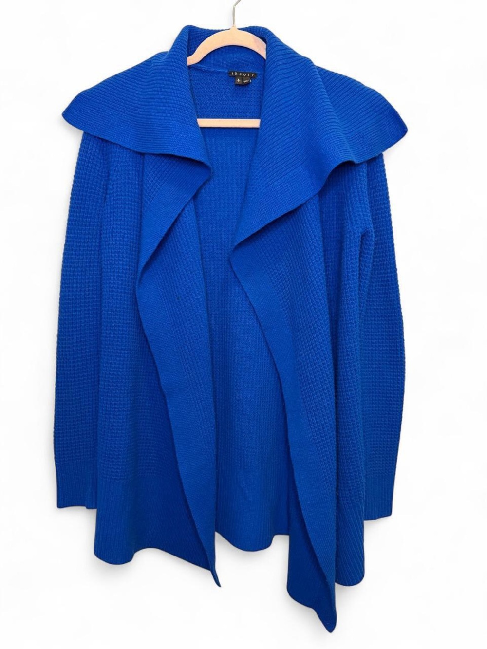 Theory 100% Wool Cobalt Blue Open Front Draped Shawl Collar Cardigan Sweater